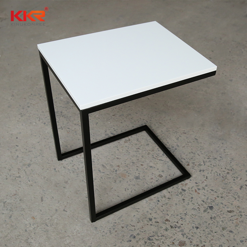 Classic White Marble Solid Surface Side Table With Black Stainless Steel Leg KKR-ST01