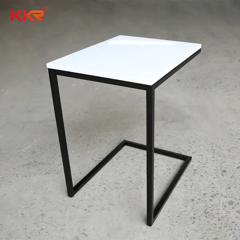 Classic White Marble Solid Surface Side Table With Black Stainless Steel Leg KKR-ST01