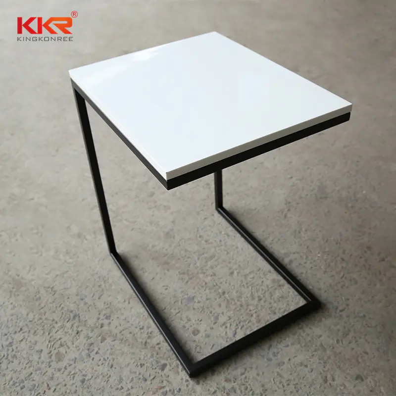 Classic White Marble Solid Surface Side Table With Black Stainless Steel Leg KKR-ST01