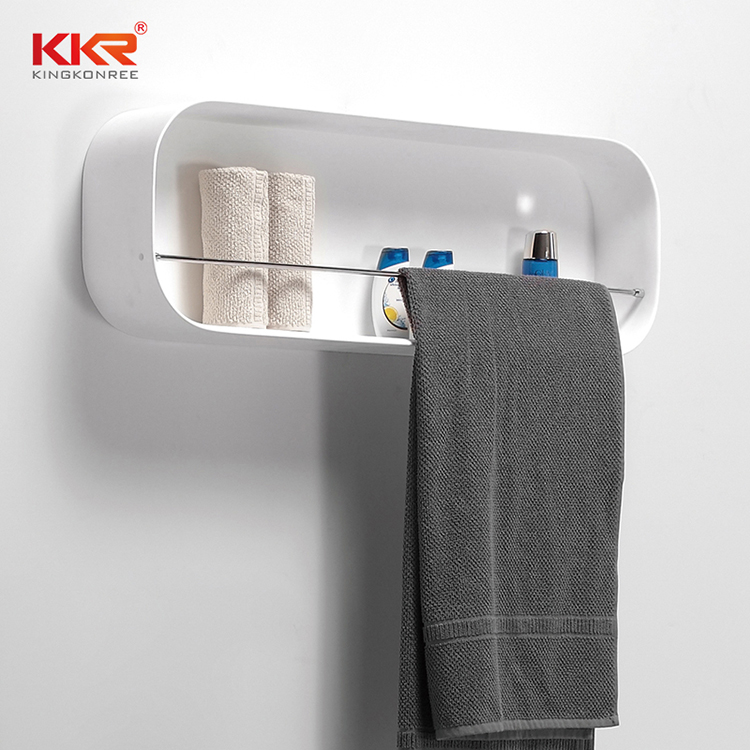 White Marble Acrylic Solid Surface Bathroom Shelf With Stainless Steel Towel Hanger KKR-1073