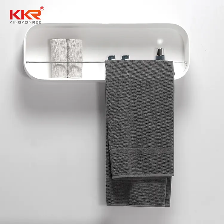 White Marble Acrylic Solid Surface Bathroom Shelf With Stainless Steel Towel Hanger KKR-1073