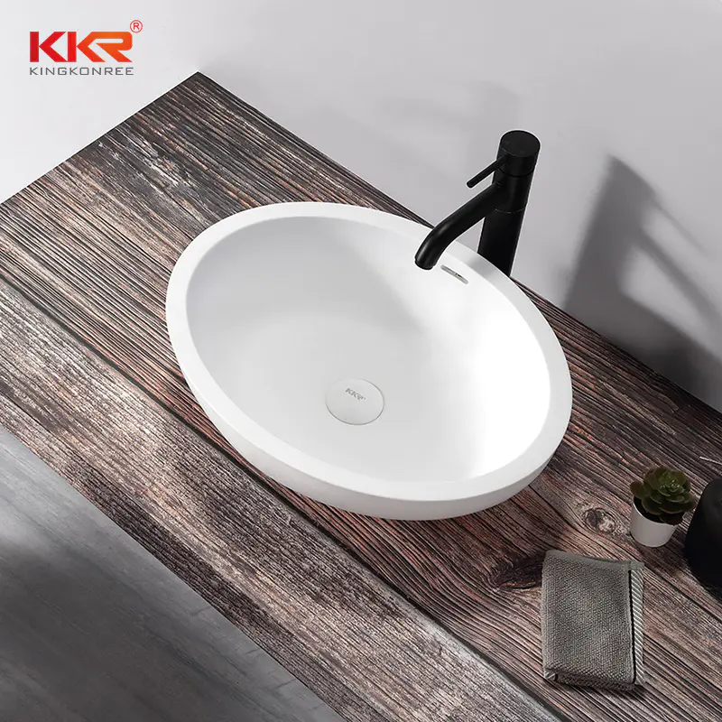 Oval White Marble Solid Surface Wash Basin Bathroom Sink With Overflow