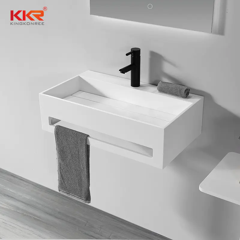 Artificial Marble White Solid Surface Bathroom Sink Stone Washbasins With Towel Rail