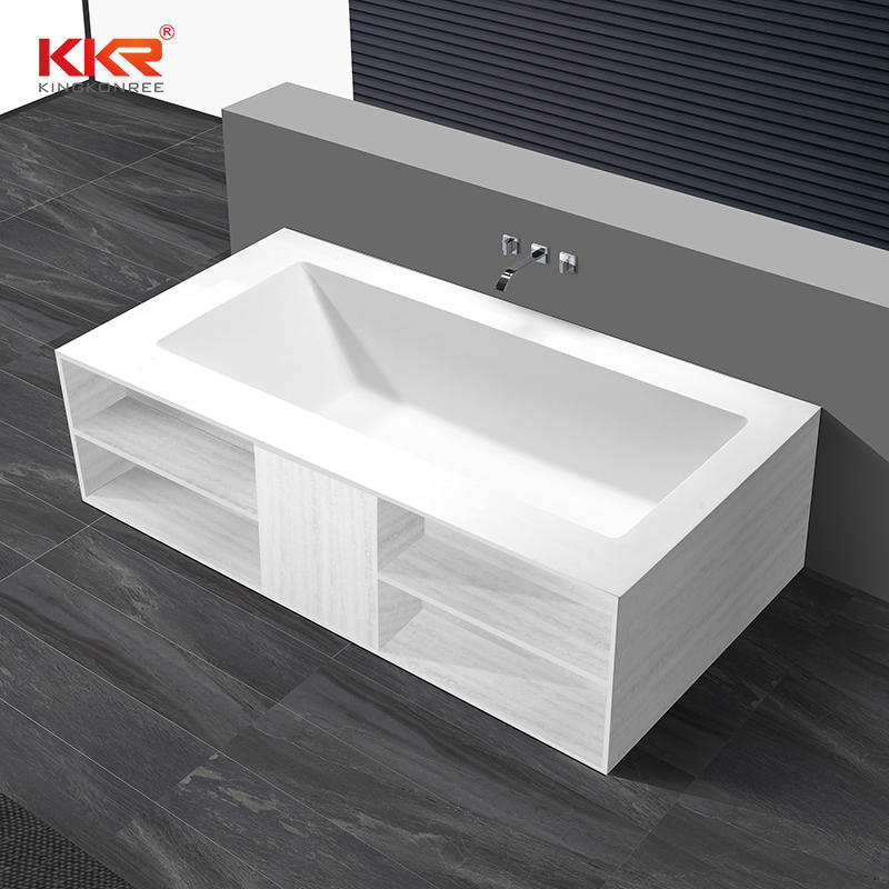 White Marble Solid Surface Built-in Bath Tub with Shelf Design KKR-B069