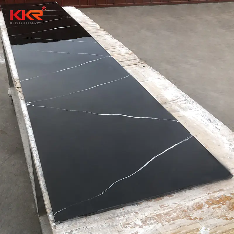 Artificial Interior Wall Stone Decoration Black Engineered Stone Black Marble Veins Solid Surface Sheet KKR-M8858-B