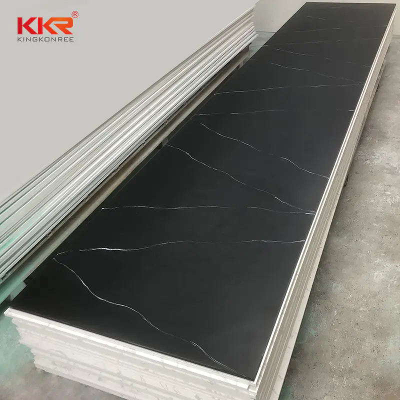Artificial Interior Wall Stone Decoration Black Engineered Stone Black Marble Veins Solid Surface Sheet KKR-M8858-B
