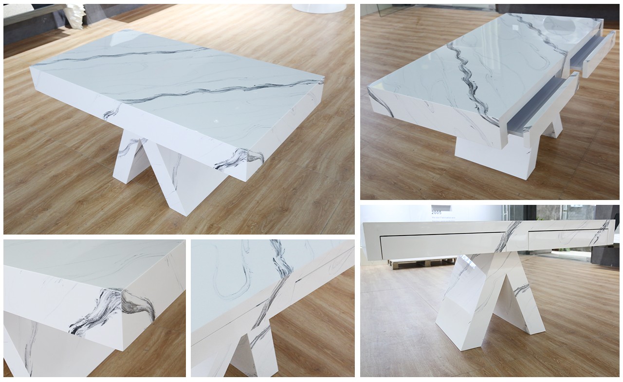 Details on faux stone table for cosmetics & clothes retail stores for displaying products.
